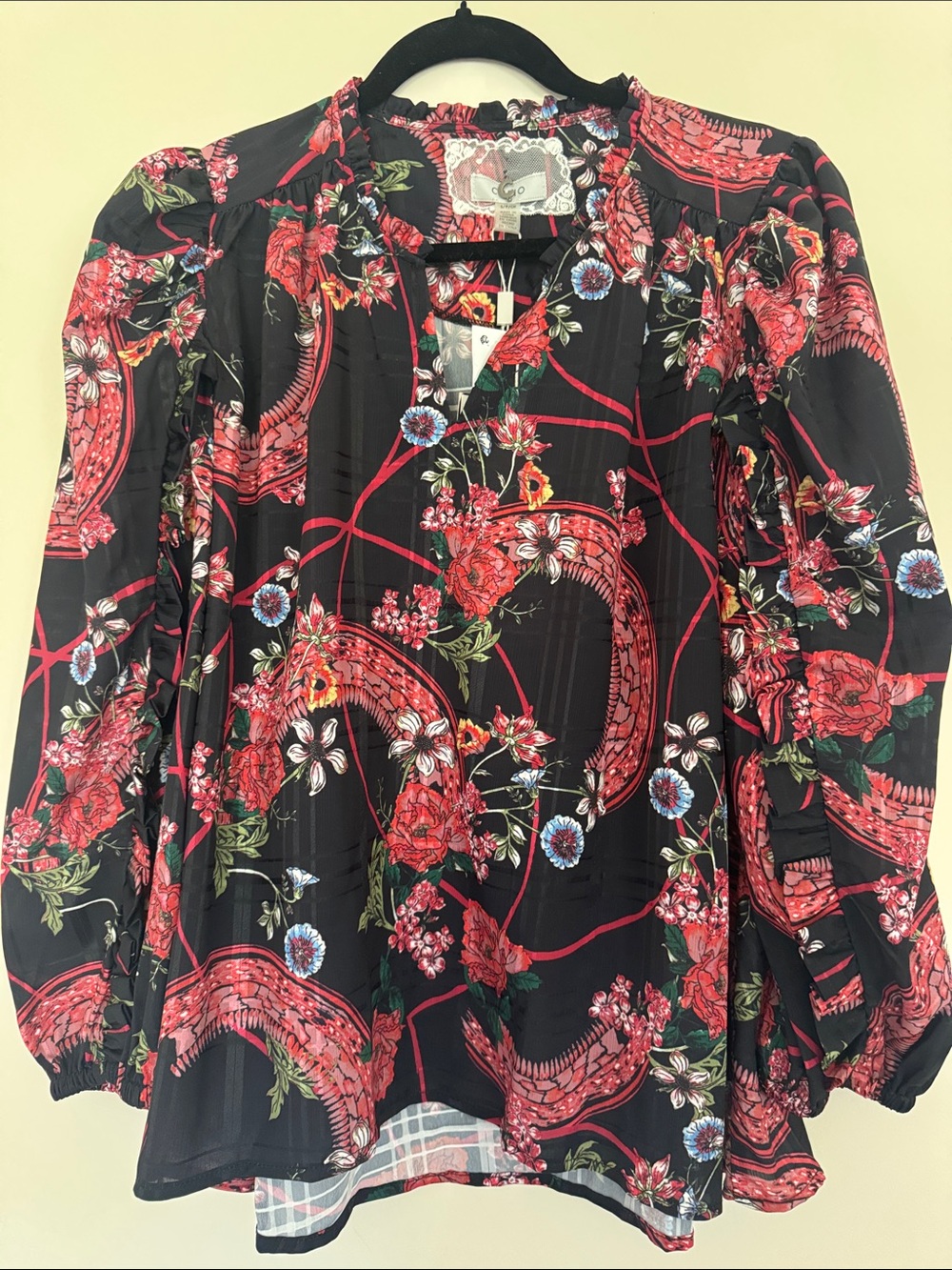 Cupio Black Blouse with Red Floral Print